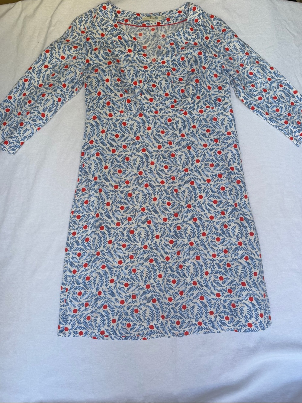 Blue and White Floral-Print 100% Linen Dress